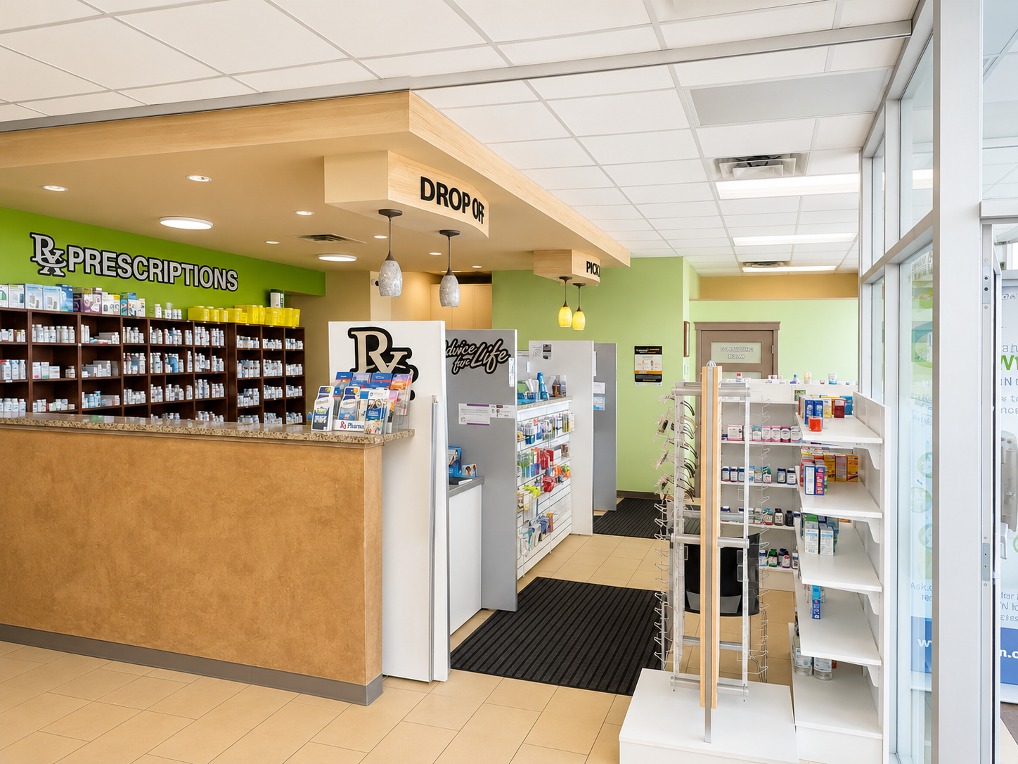 Manning Pharmacy interior with prescription counter